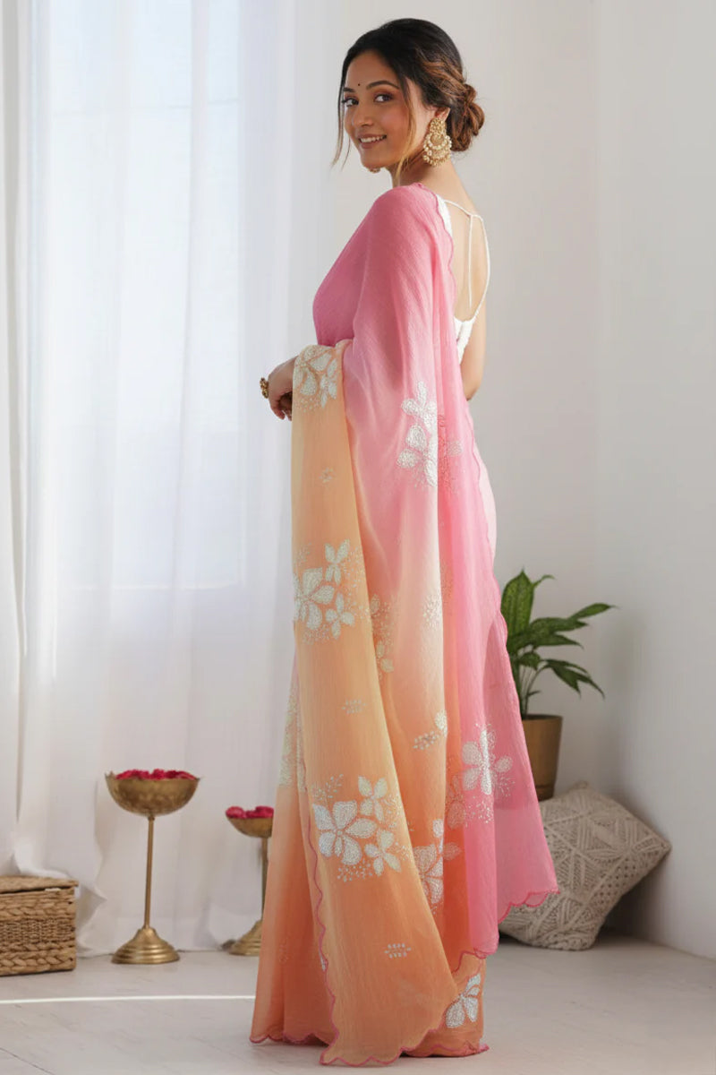 Dark Orange Pastel Shaded Chinon Silk Saree with Sequin Embroidery & Khatli Border