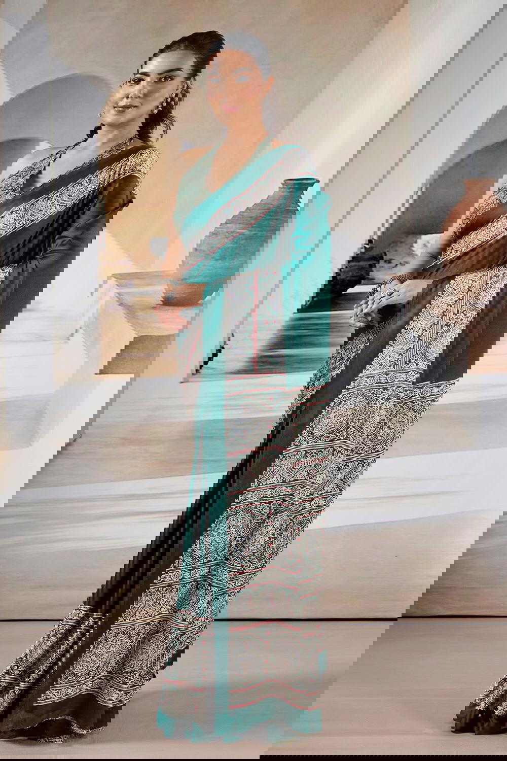 Dark Green Satin Modal Silk Saree with Ajrak Print - Mayrake.in