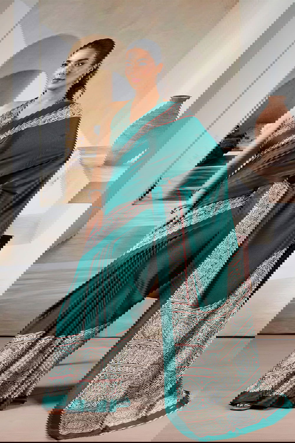 Dark Green Satin Modal Silk Saree with Ajrak Print - Mayrake.in