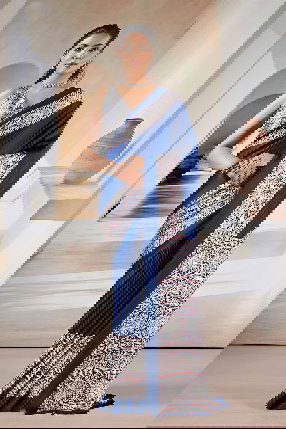 Dark Navy Blue Pure Satin Modal Silk Saree with Ajrakh Print Work - Mayrake.in