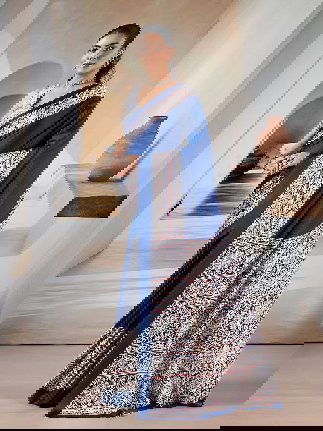 Dark Navy Blue Pure Satin Modal Silk Saree with Ajrakh Print Work - Mayrake.in