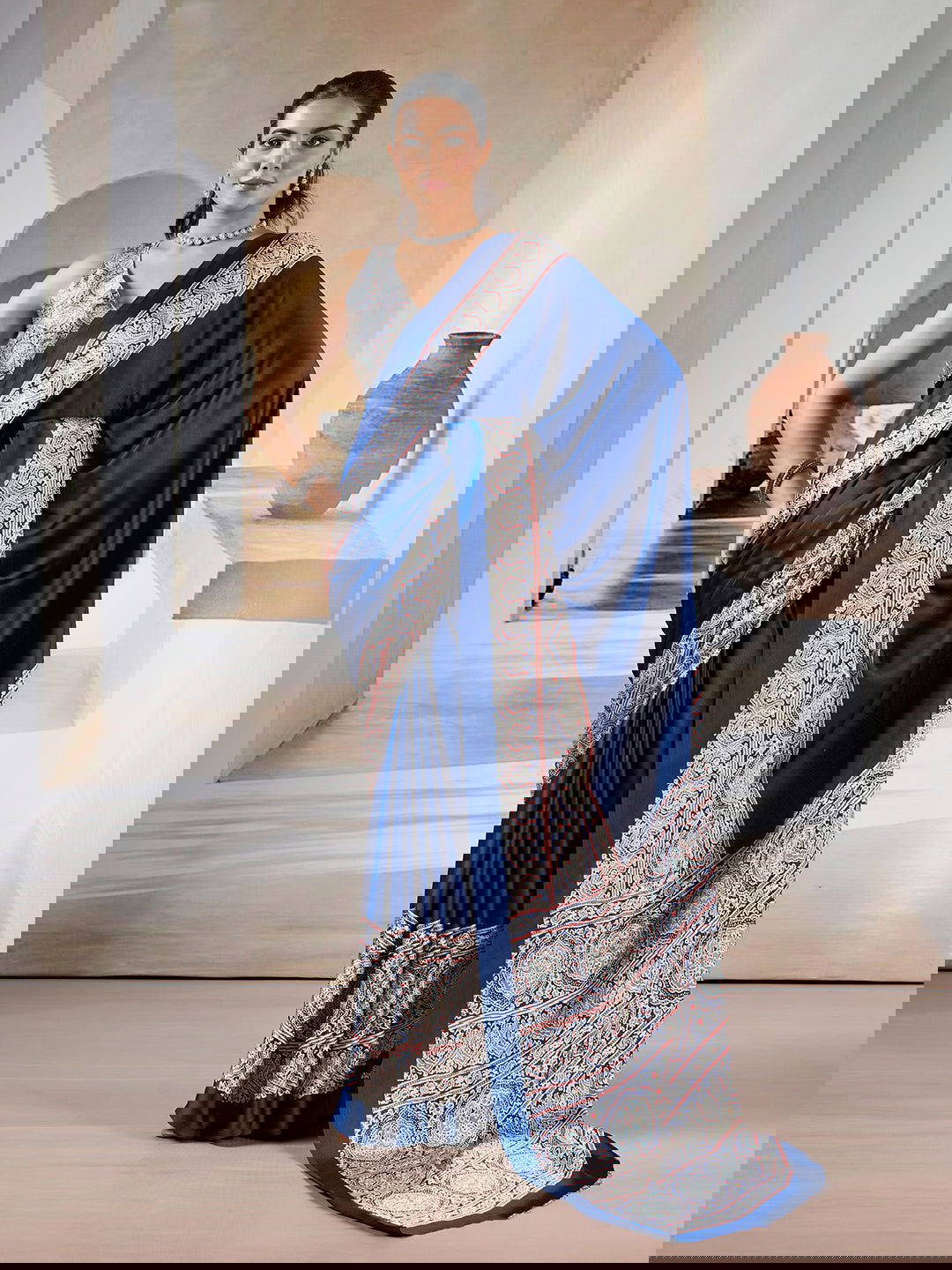 Dark Navy Blue Pure Satin Modal Silk Saree with Ajrakh Print Work - Mayrake.in