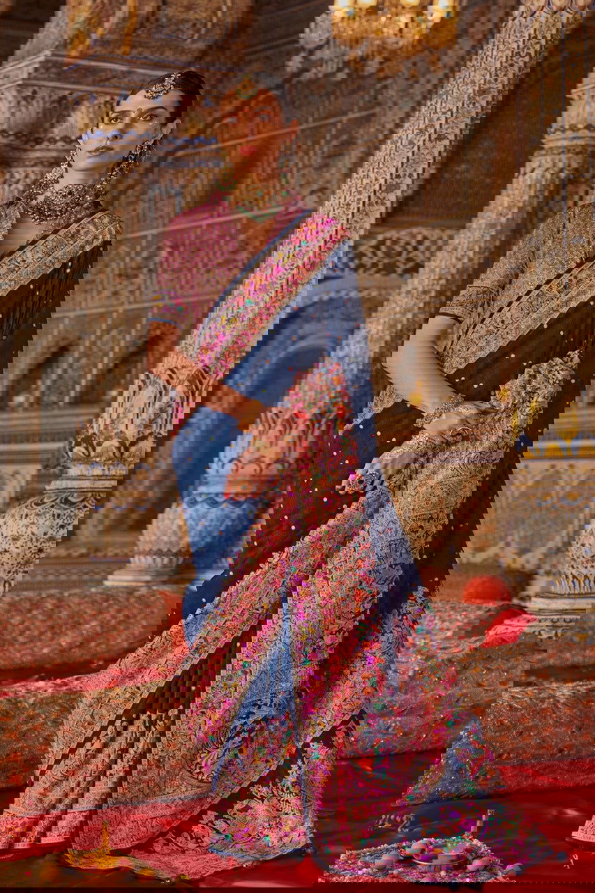 Dark Navy Blue Raw Silk Saree with Heritage Prints - Mayrake.in