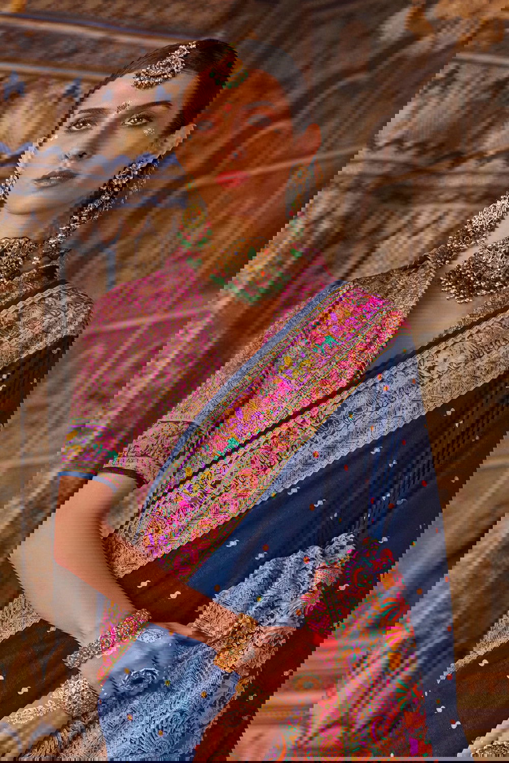 Dark Navy Blue Raw Silk Saree with Heritage Prints - Mayrake.in