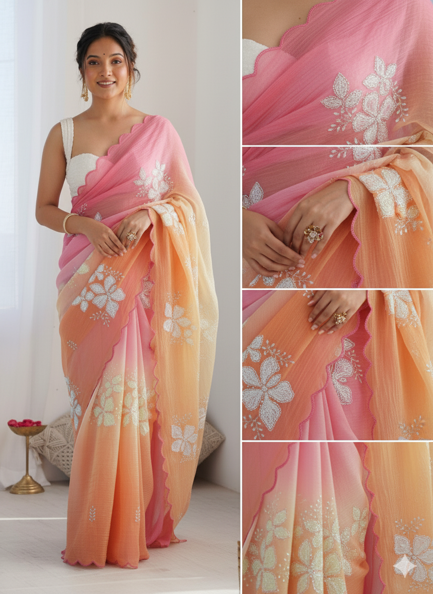 Dark Orange Pastel-Shaded Soft Chinon Silk Saree with Sequin Embroidery and Khatli Work Border - Mayrake.in