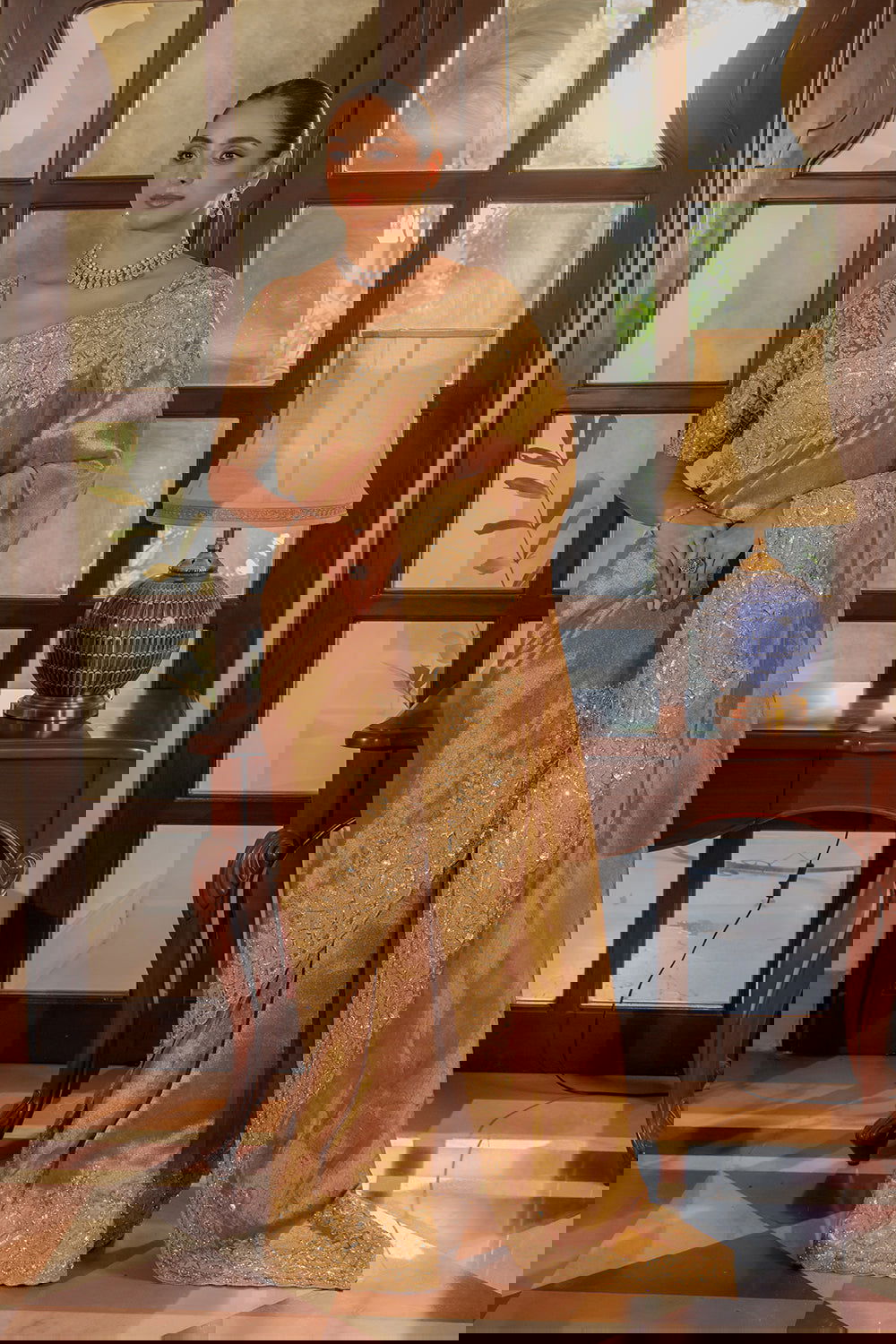 Dark Peach Silk Saree with Zircon Stone Embroidery - Mayrake.in