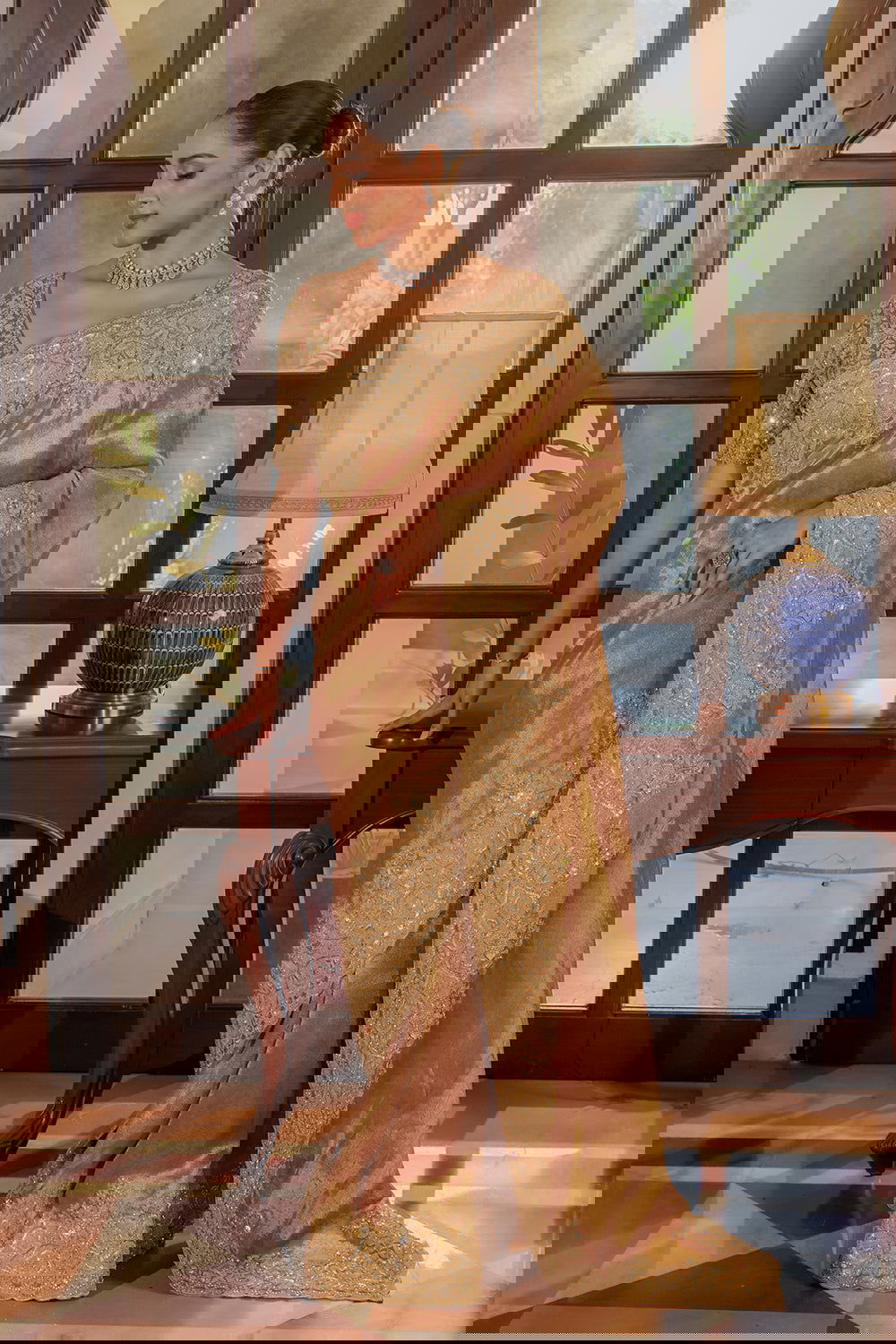 Dark Peach Silk Saree with Zircon Stone Embroidery - Mayrake.in