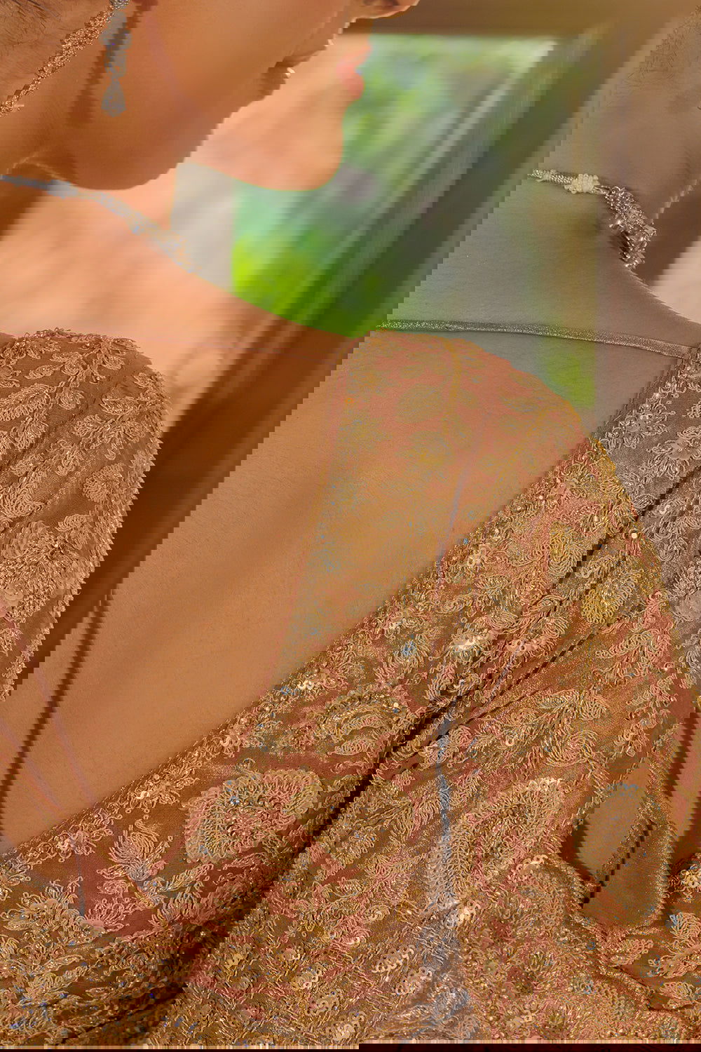 Dark Peach Silk Saree with Zircon Stone Embroidery - Mayrake.in