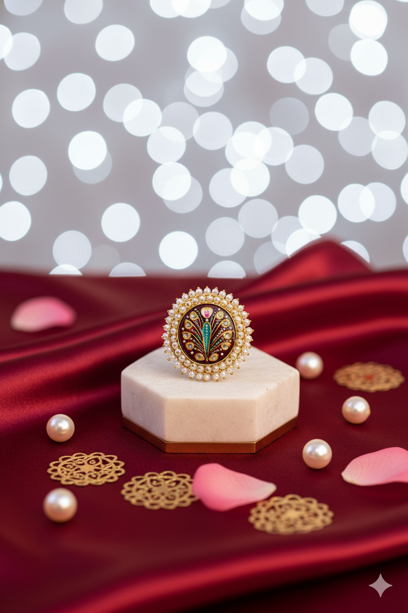 Decorative ring with pearls on a red fabric background with bokeh lights