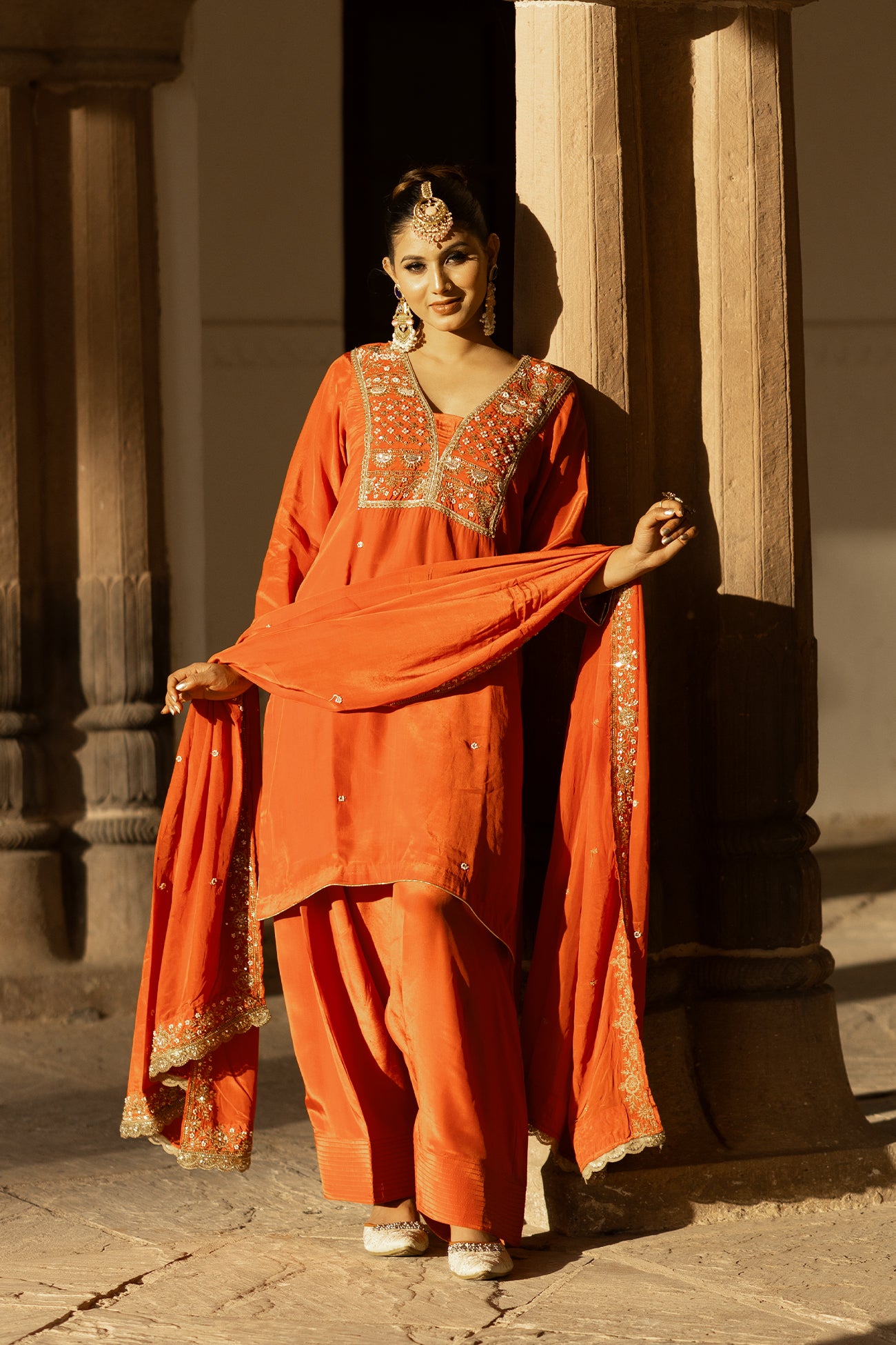 Orange Crepe Silk Suit with Farsi Salwar & Dupatta