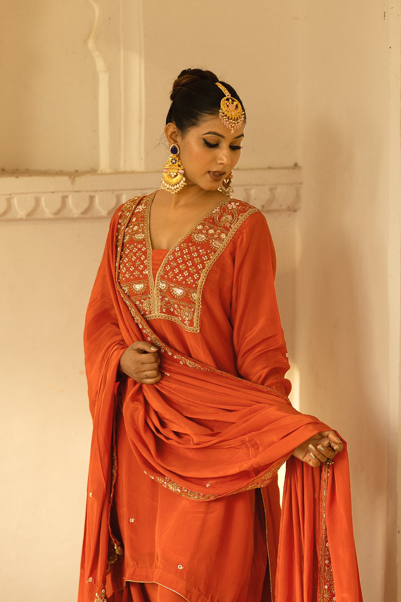 Orange Crepe Silk Suit with Farsi Salwar & Dupatta