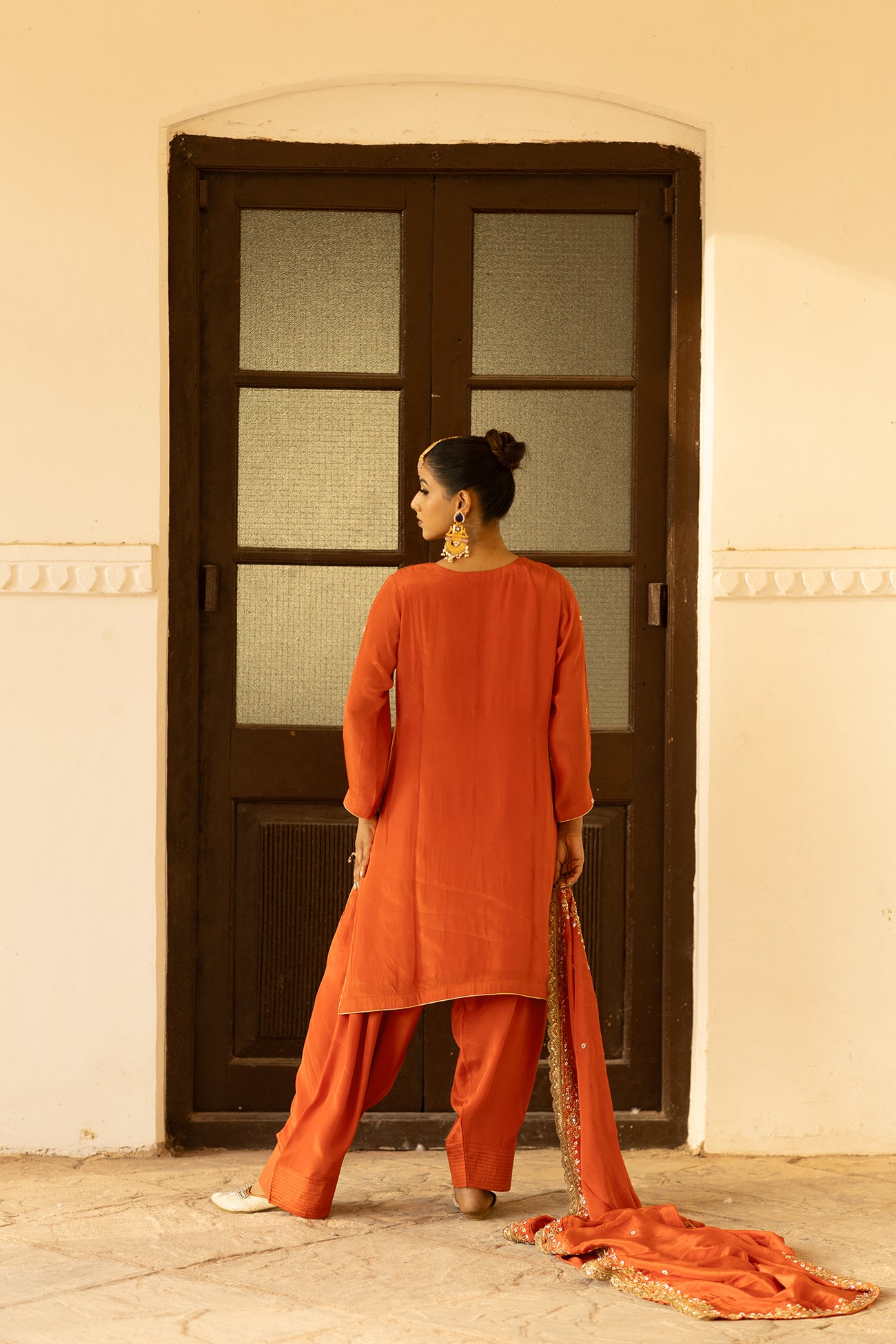 Orange Crepe Silk Suit with Farsi Salwar & Dupatta