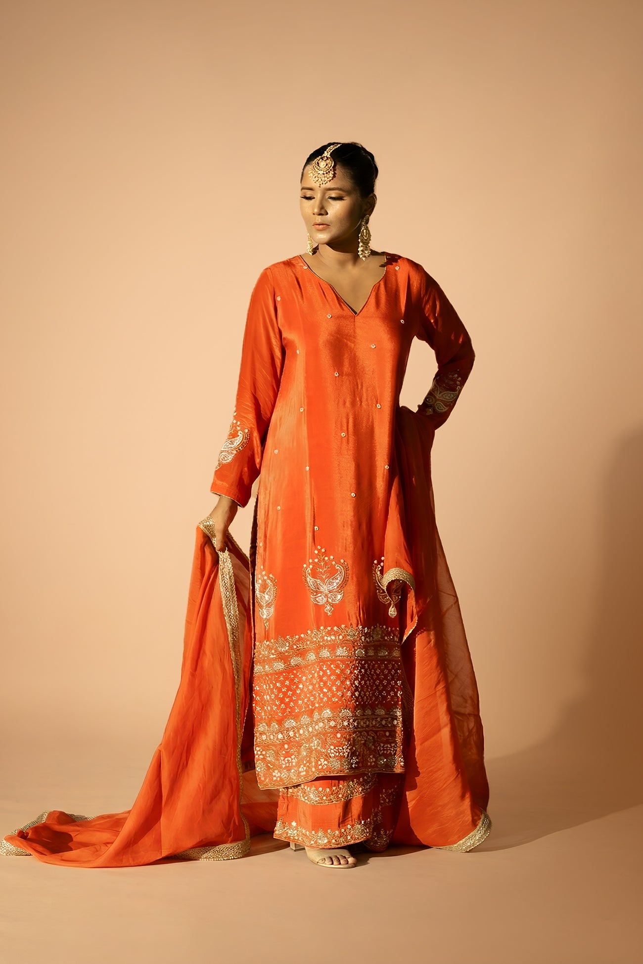 Orange Crepe Silk Full-Sleeve Long Kurta Sharara Set with Dupatta