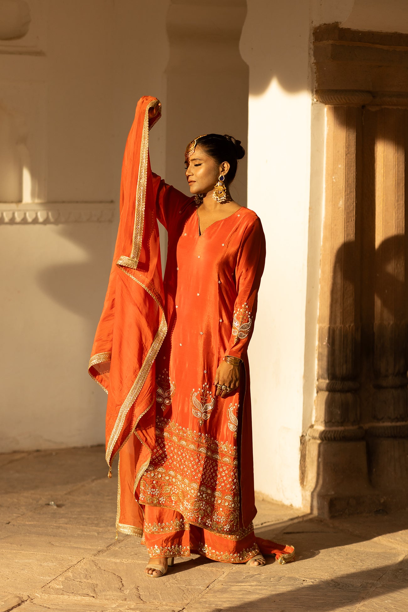 Orange Crepe Silk Full-Sleeve Long Kurta Sharara Set with Dupatta