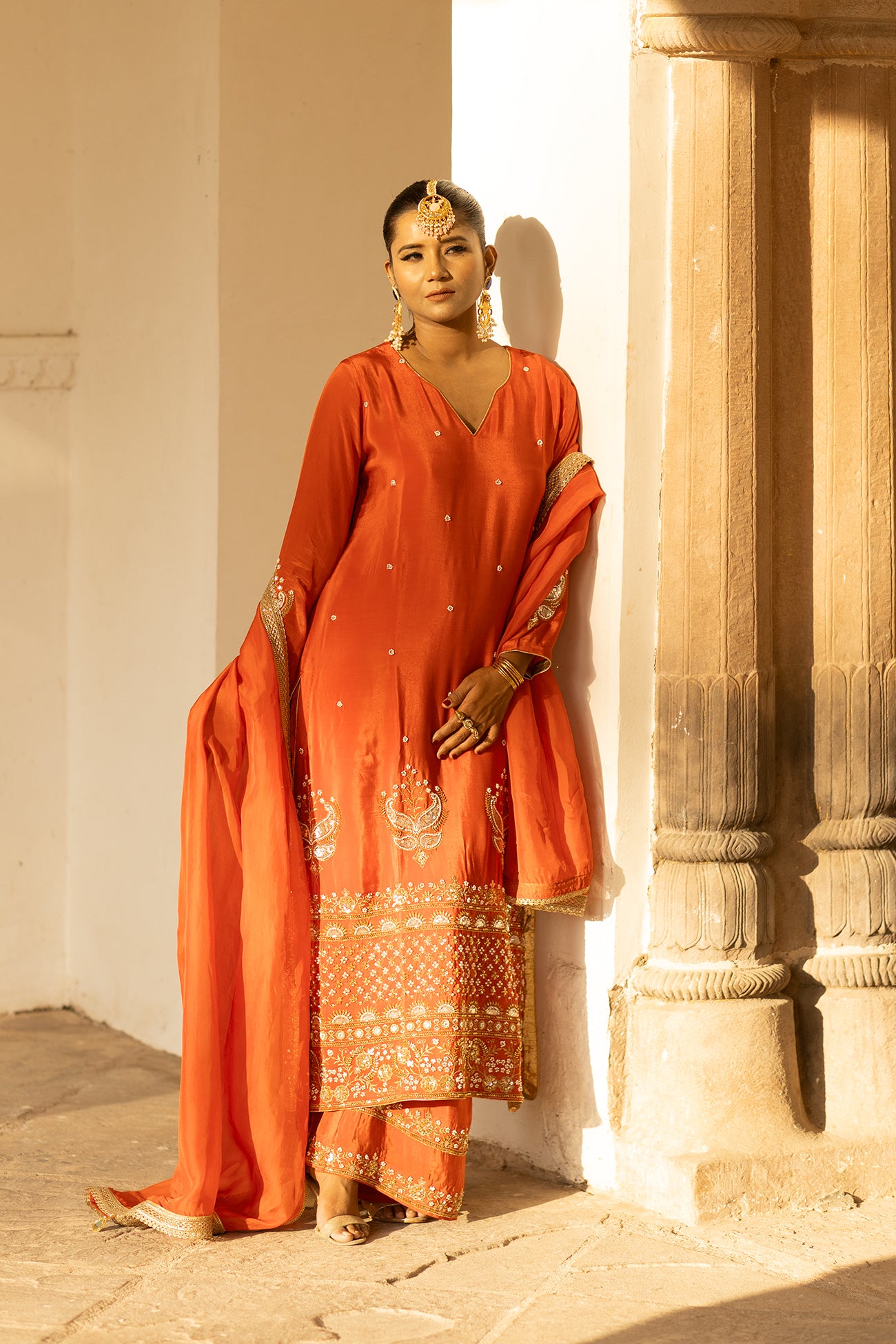 Orange Crepe Silk Full-Sleeve Long Kurta Sharara Set with Dupatta
