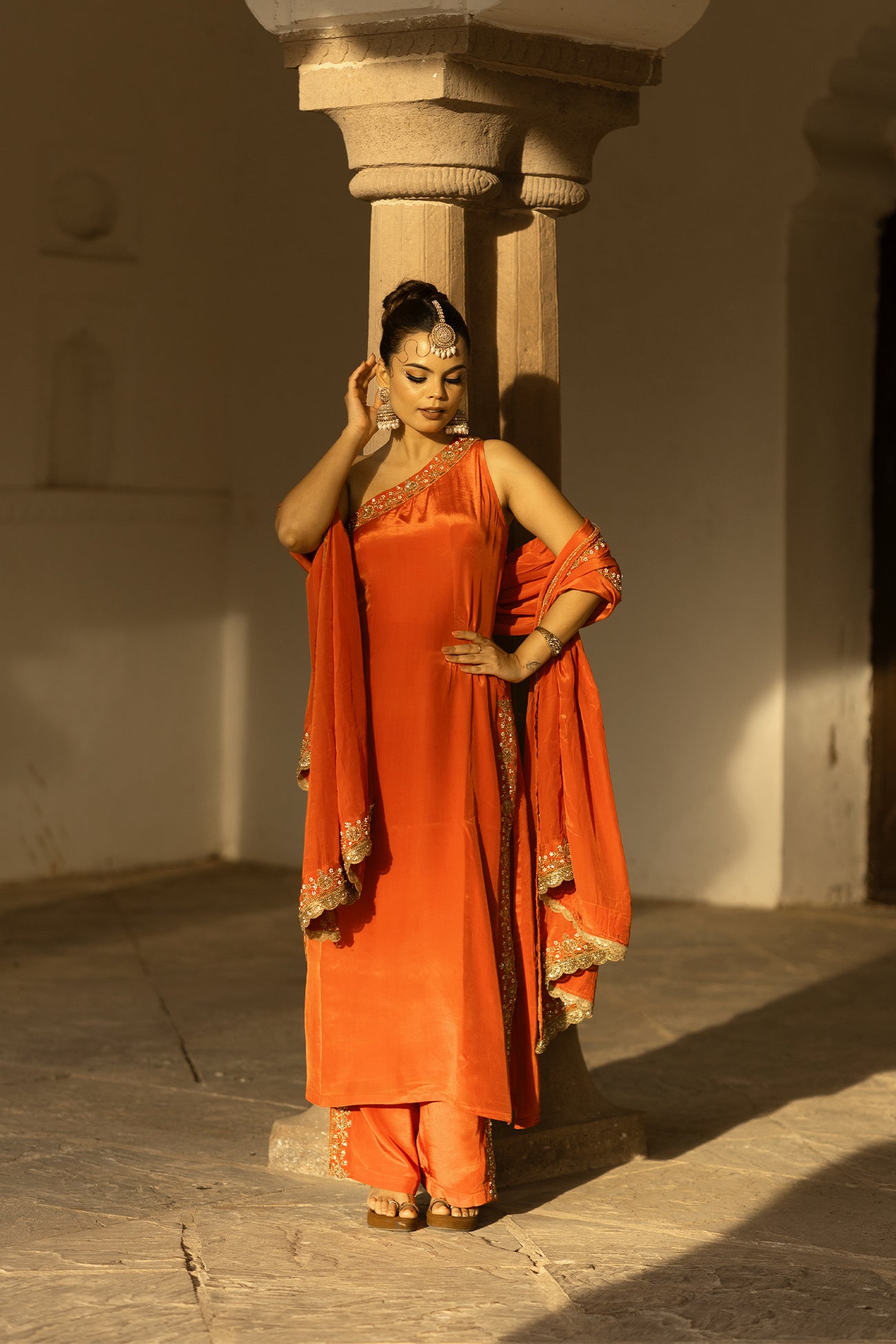 Orange Crepe Silk Off-Shoulder Kurta Pant Set
