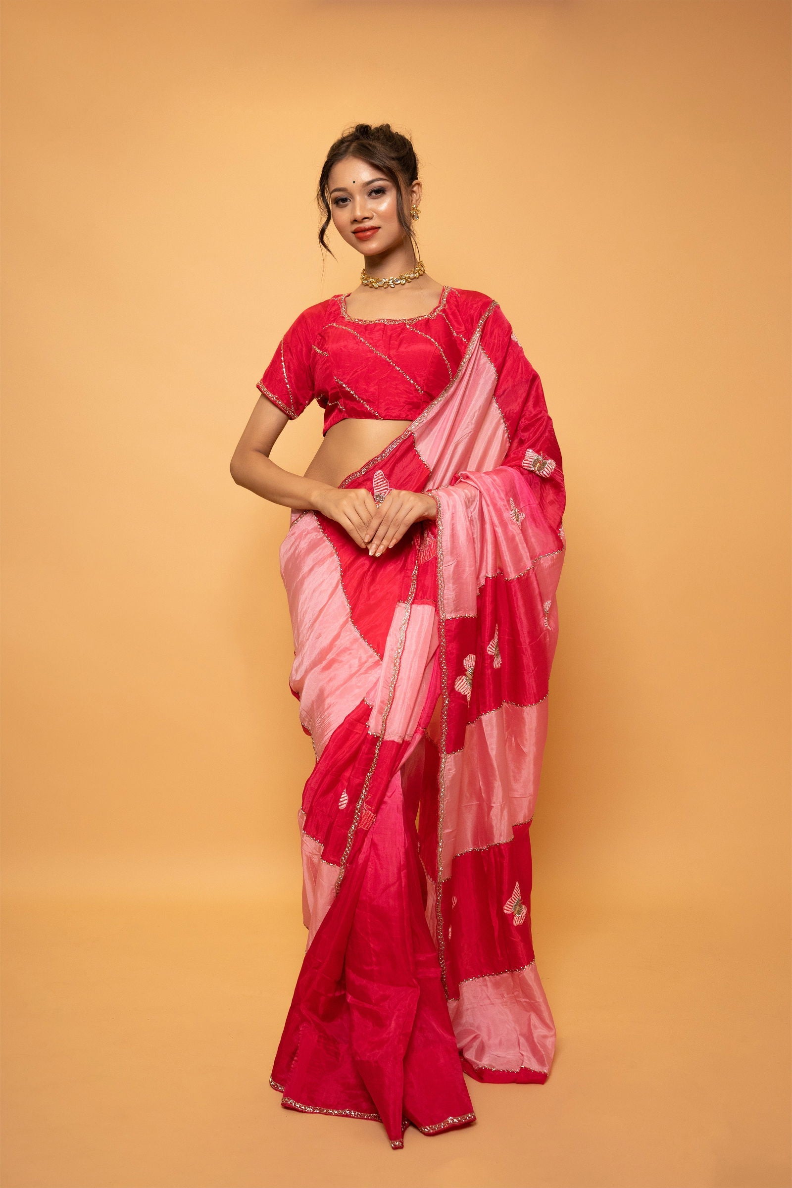 Elegant Fuchsia Pink and Rose Pink Saree with Stitched Designer Blouse - Mayrake