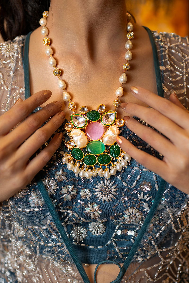 Elegant Long Pearl Necklace with Mother of Pearl, Pink Stones, and Kundan - Mayrake -