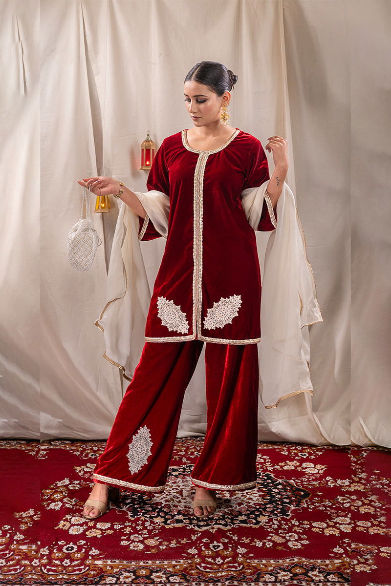 Elegant Maroon Velvet Embroidered Short Kurta with Palazzo Pants and Matching Dupatta - Mayrake -