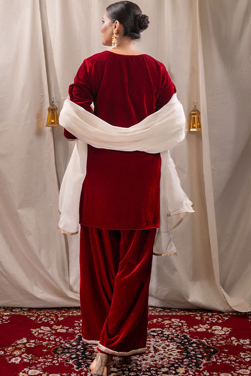 Elegant Maroon Velvet Embroidered Short Kurta with Palazzo Pants and Matching Dupatta - Mayrake -