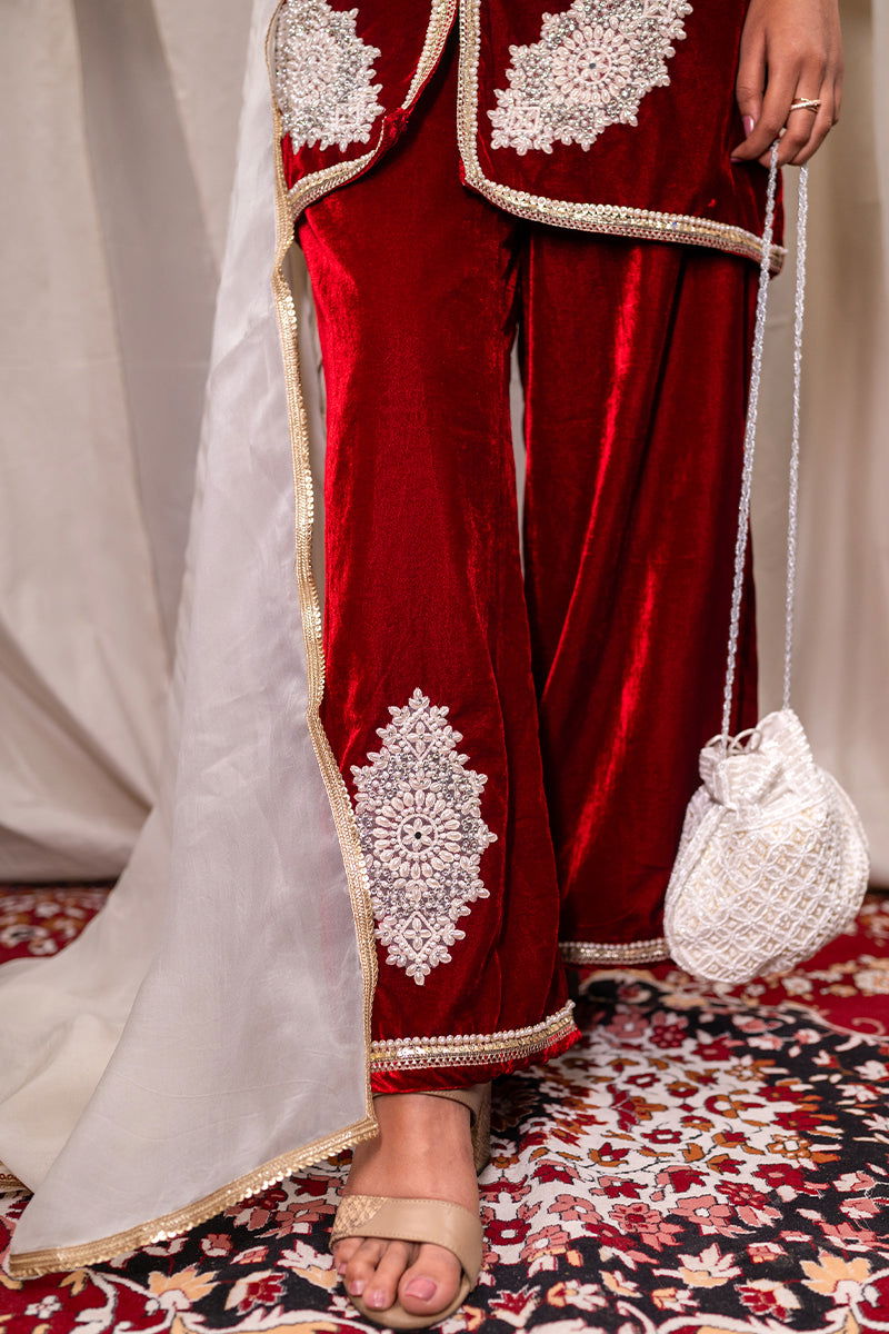 Elegant Maroon Velvet Embroidered Short Kurta with Palazzo Pants and Matching Dupatta - Mayrake -