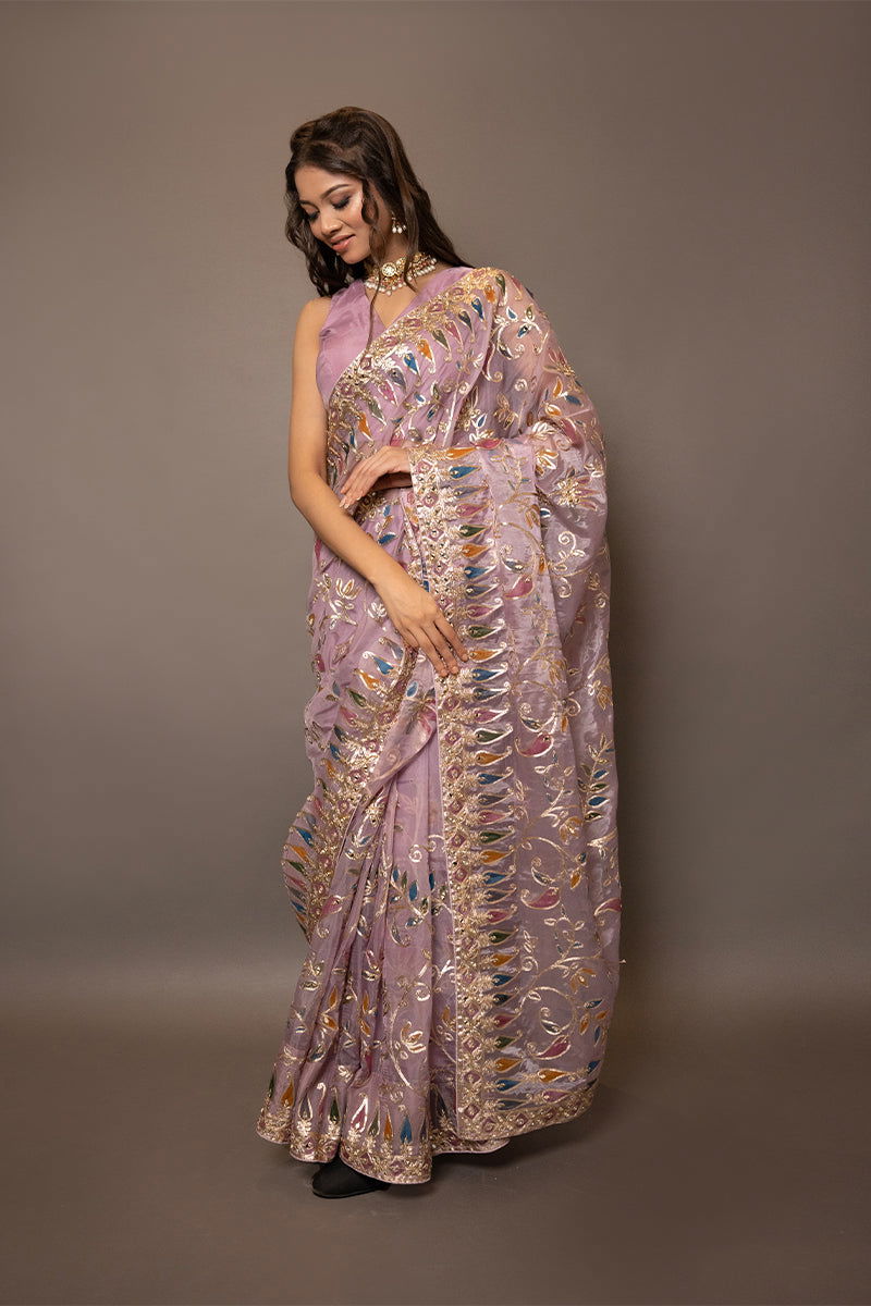 Elegant Onion Pink Organza Saree Paired with a Stitched Designer Blouse - Mayrake