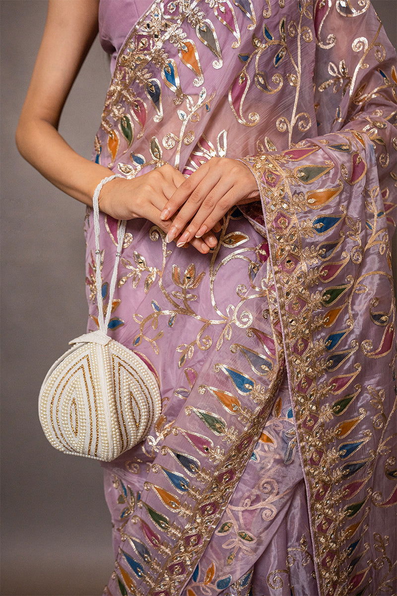 Elegant Onion Pink Organza Saree Paired with a Stitched Designer Blouse - Mayrake