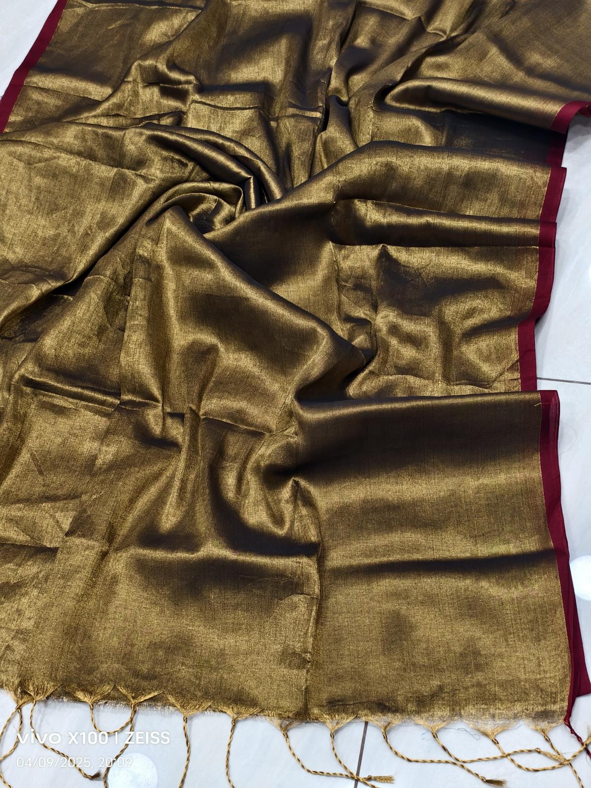 Elegant Shimmer Mustard Gold Khadi Cotton Tissue Handloom Saree - Mayrake.in