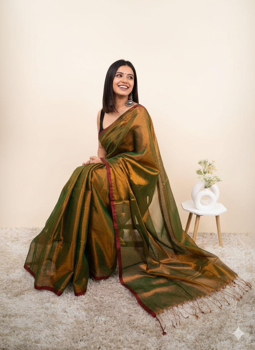 Elegant Shimmer Mustard Gold Khadi Cotton Tissue Handloom Saree - Mayrake.in