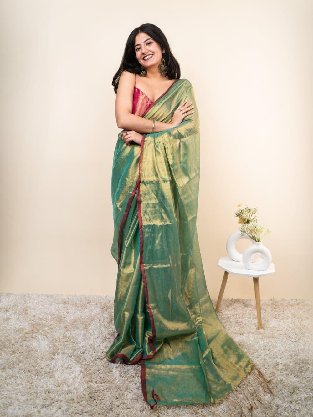 Elegant Shimmer Parrot Green Khadi Cotton Tissue Handloom Saree - Mayrake.in