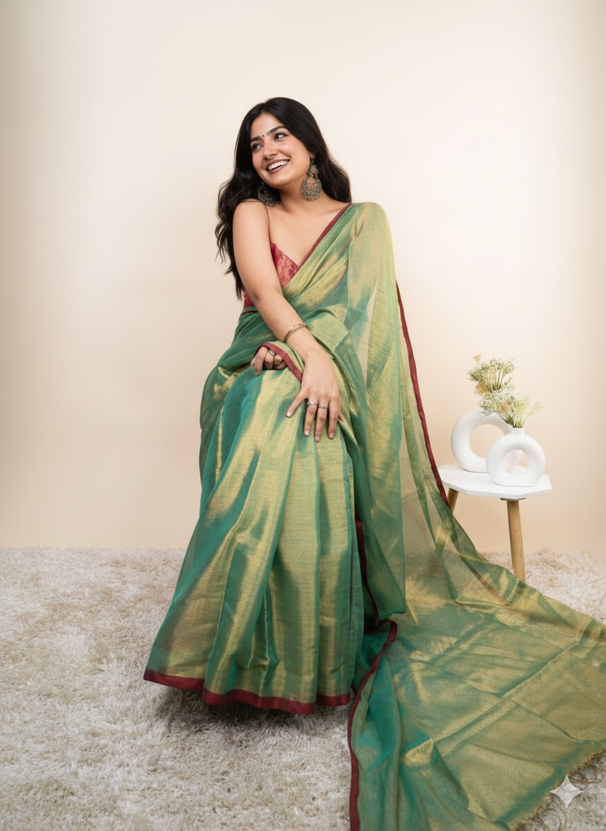 Elegant Shimmer Parrot Green Khadi Cotton Tissue Handloom Saree - Mayrake.in