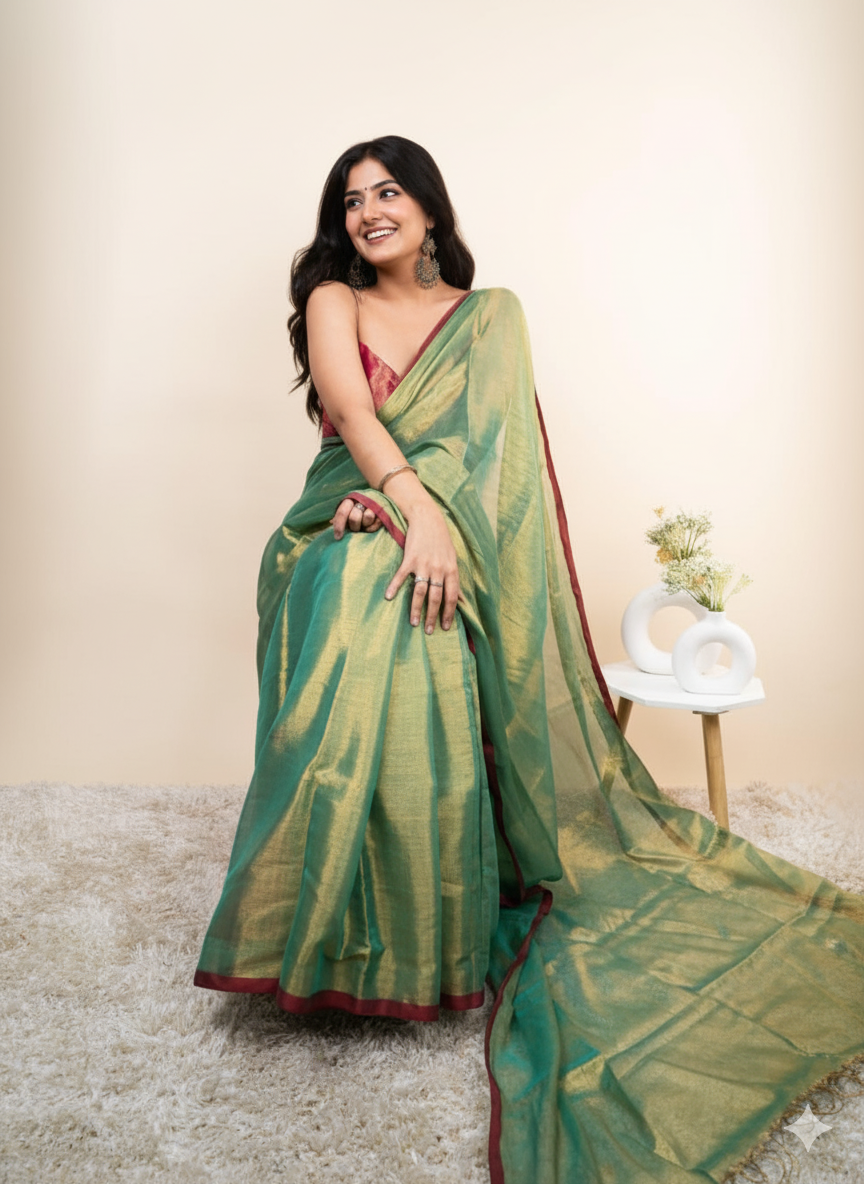 Elegant Shimmer Parrot Green Khadi Cotton Tissue Handloom Saree - Mayrake.in