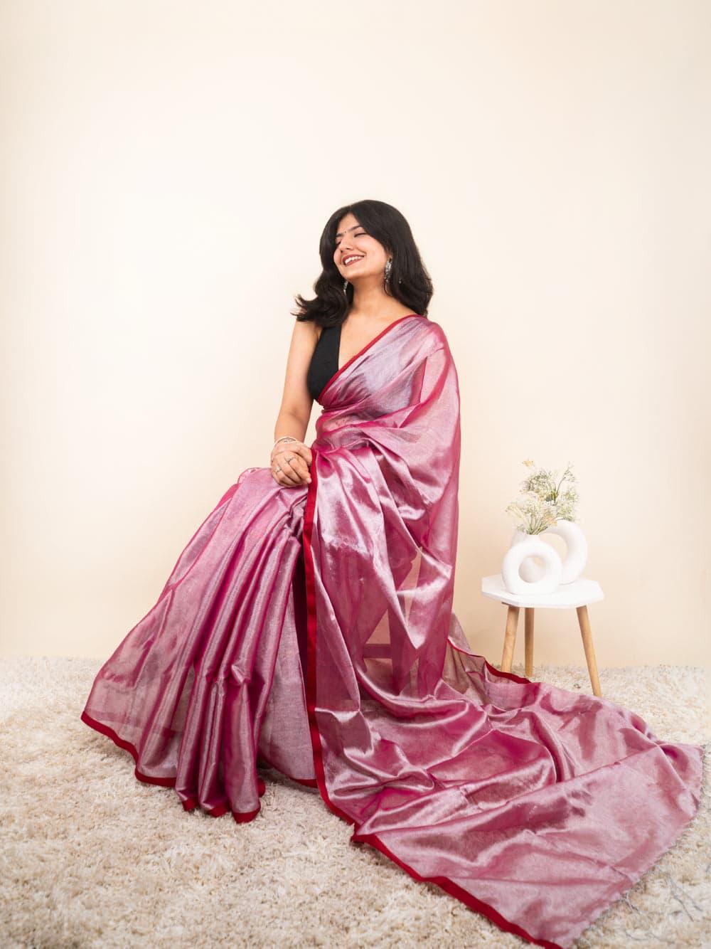 Elegant Shimmer Rose Pink Pink Khadi Cotton Tissue Handloom Saree - Mayrake.in