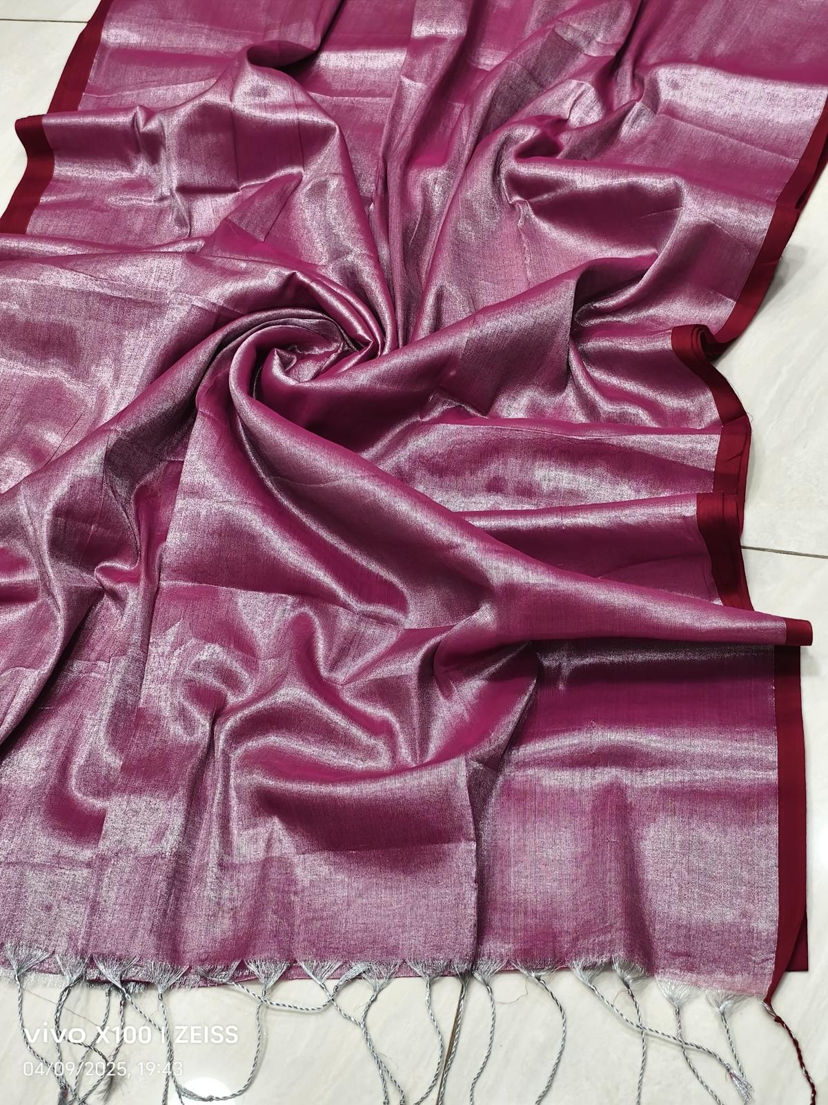 Elegant Shimmer Rose Pink Pink Khadi Cotton Tissue Handloom Saree - Mayrake.in