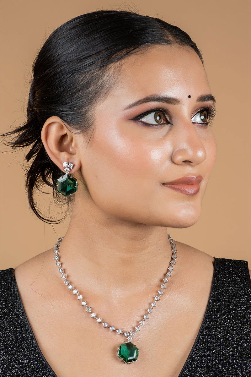 Emerald Green AD Necklace with Earrings - Mayrake