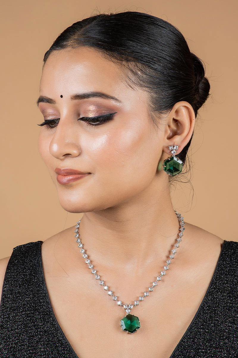 Emerald Green AD Necklace with Earrings - Mayrake