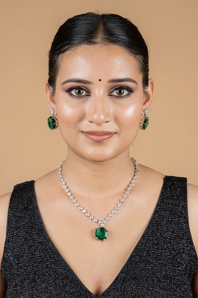 Emerald Green AD Necklace with Earrings - Mayrake.in