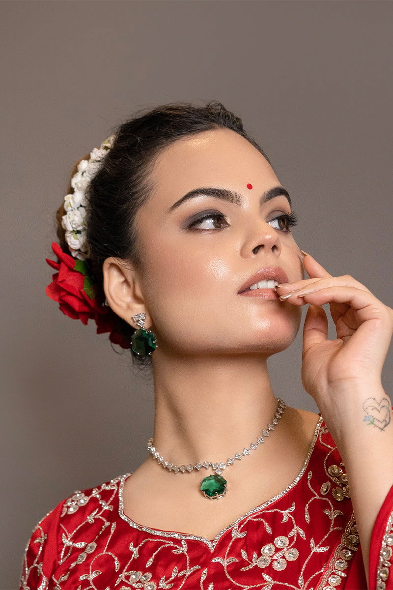 Emerald Green AD Necklace with Earrings - Mayrake.in