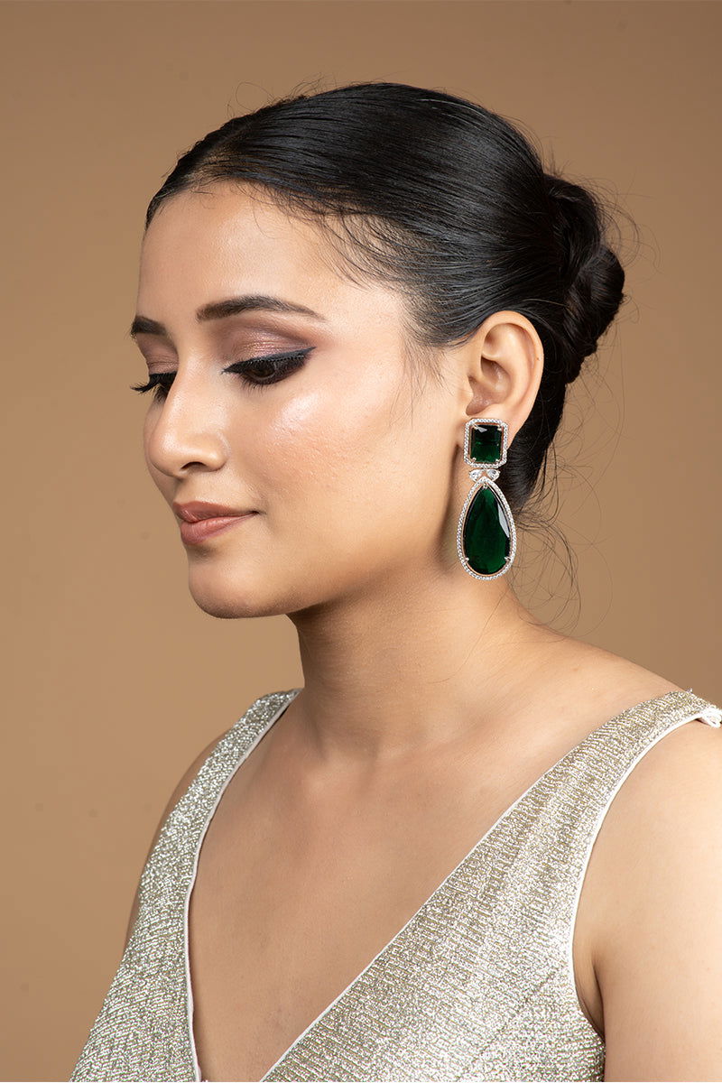 Emerald Green AD Teardrop Earrings with Stones - Mayrake