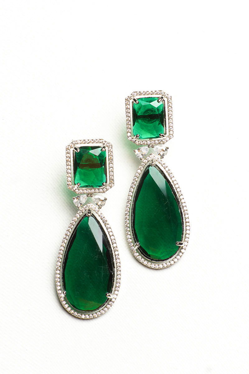 Emerald Green AD Teardrop Earrings with Stones - Mayrake