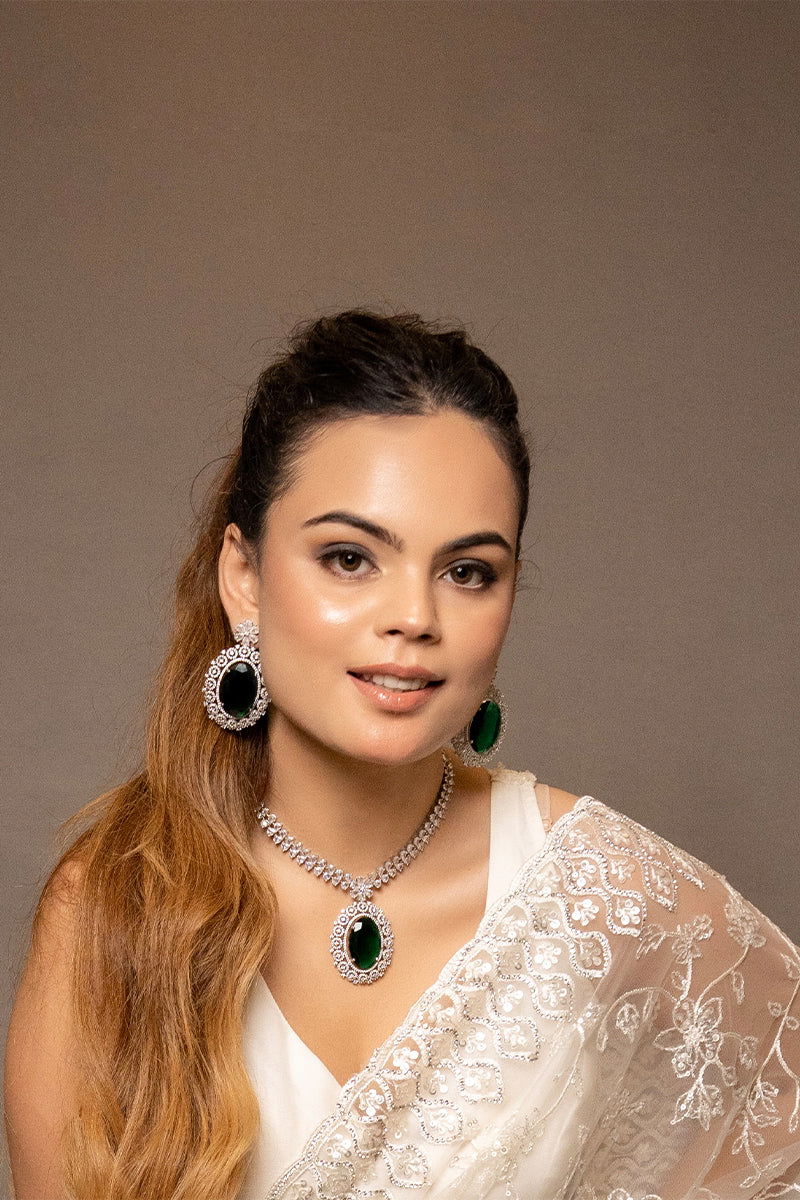 Emerald Green American Diamond Necklace with Earrings - Mayrake