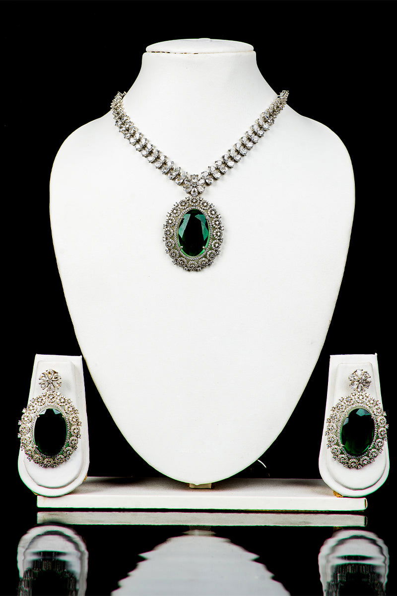 Emerald Green American Diamond Necklace with Earrings - Mayrake