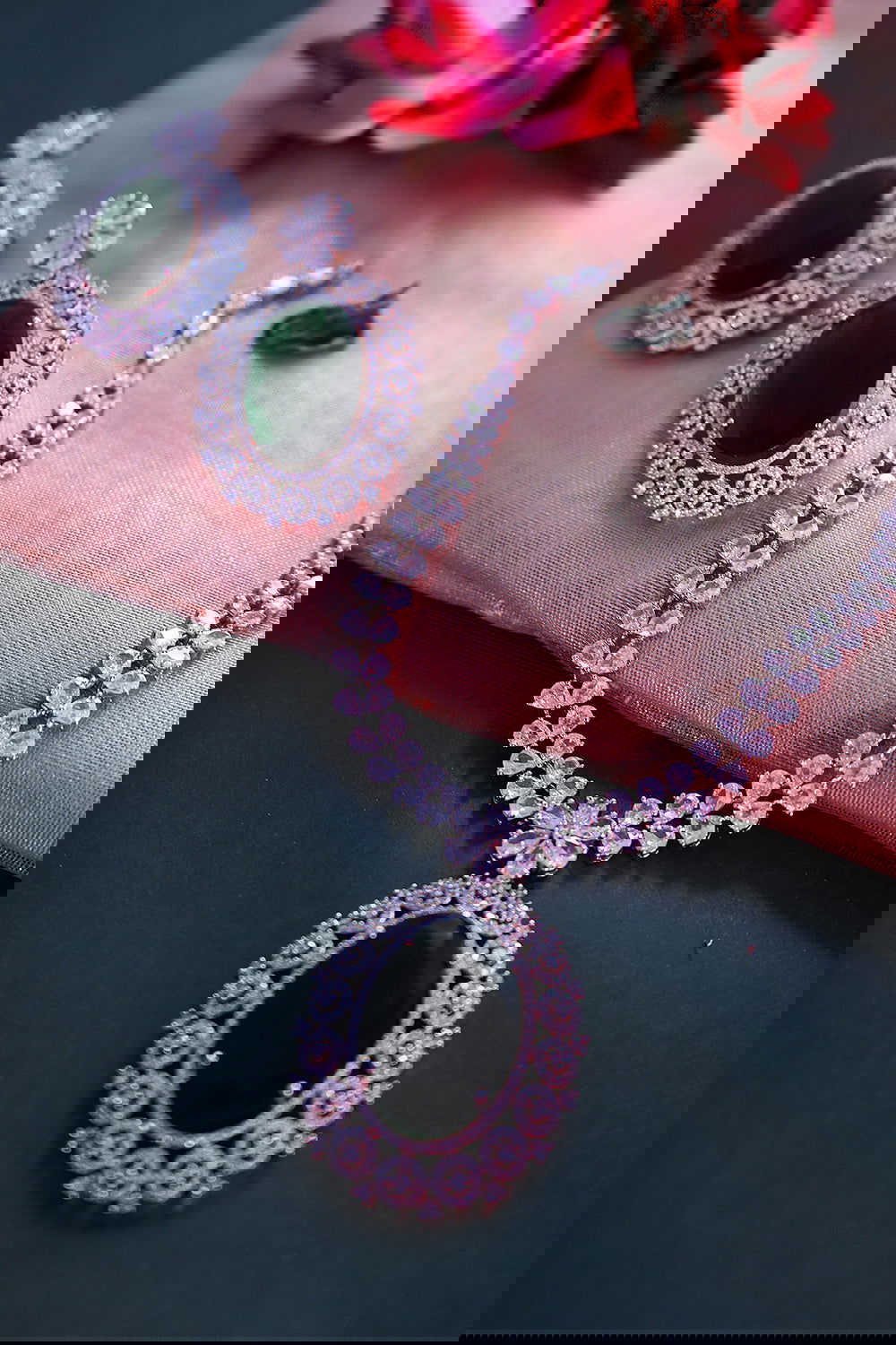 Emerald Green American Diamond Necklace with Earrings Jewellery Set - Mayrake.in