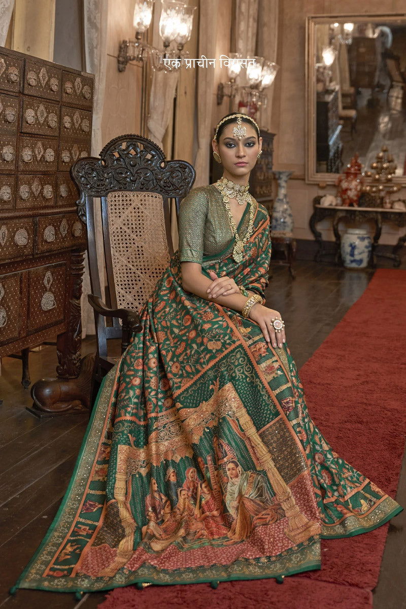 Emerald Green Raw Silk Saree with Ethnic Heritage Prints - Mayrake.in