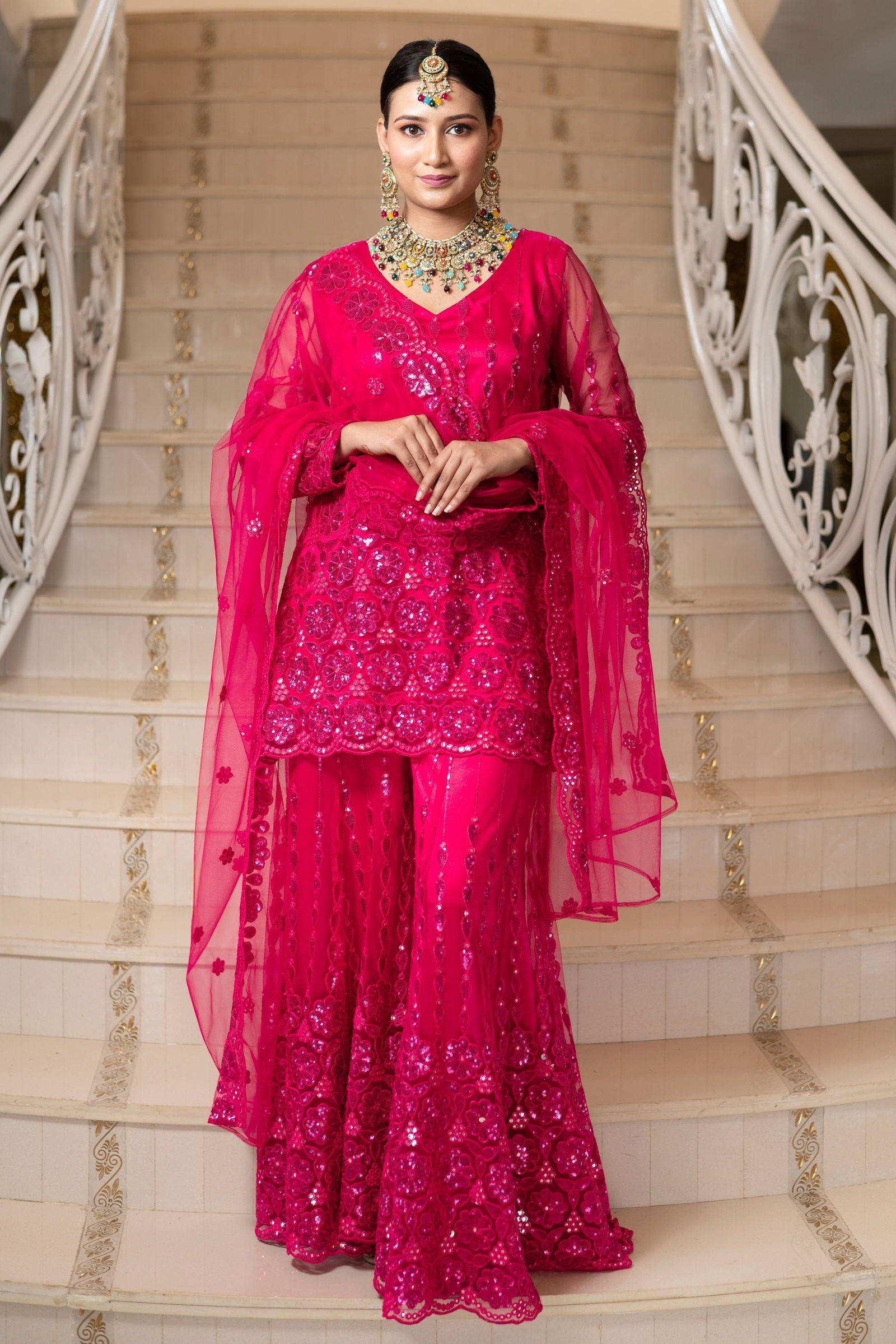 Fuchsia Pink Super Net Full Sleeve Kurta With Flared Palazzo Sets - Mayrake.in