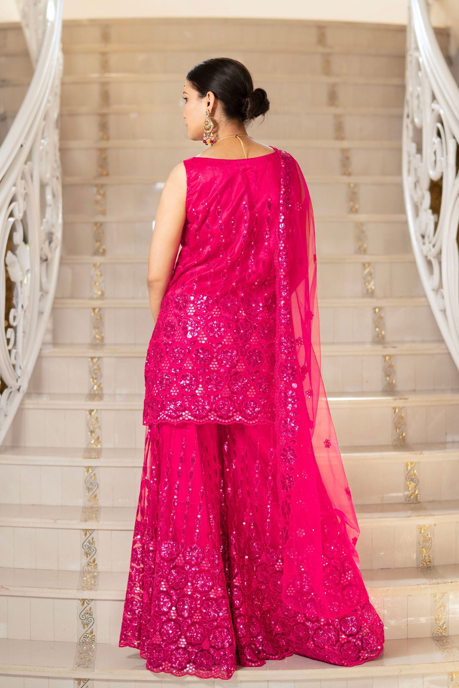 Fuchsia Pink Super Net Sleeveless Kurta with Flared Palazzo Set - Mayrake.in