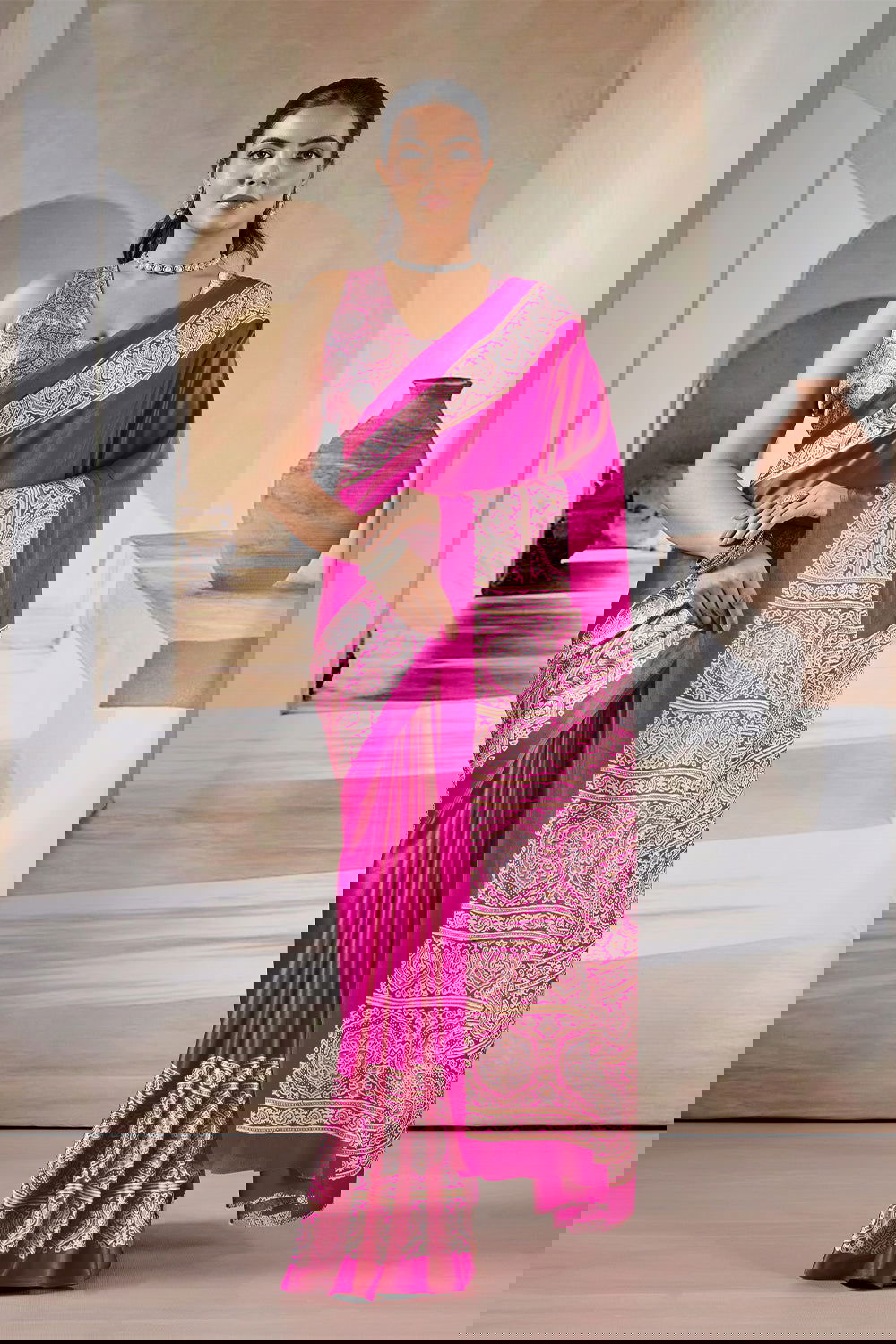 Fushcia Pink Satin Modal Silk Saree with Ajrakh Print - Mayrake.in