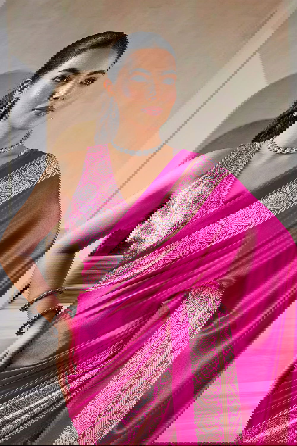 Fushcia Pink Satin Modal Silk Saree with Ajrakh Print - Mayrake.in