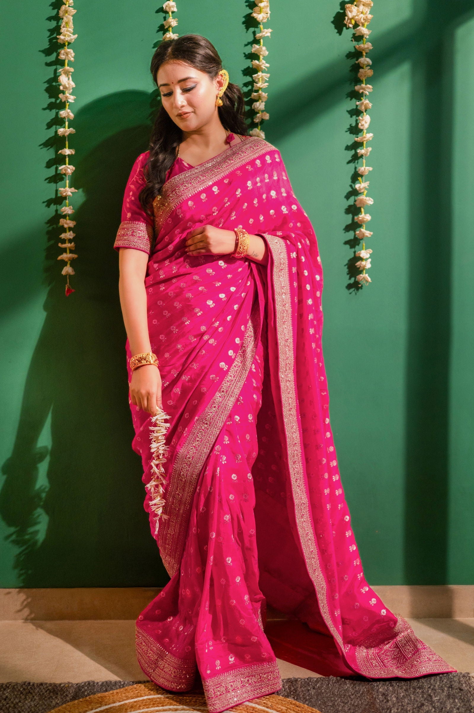 Fushcia Rani Pink Silk Saree with Golden Buti Work and Rich Zari Border - Mayrake.in