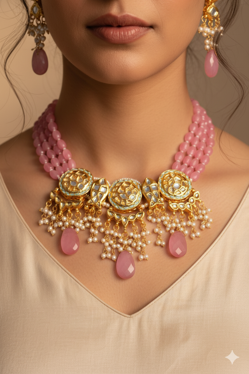 Rose Pink Beads Kundan Necklace Jewellery